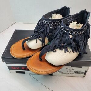 Not Rated Black Suede Fringe Chain‎ Thong Flat Sandals Women's Size 8.5